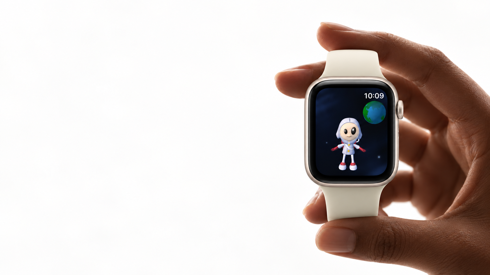 A hand holding an Apple Watch showing the astronaut and Earth in The Mindfulness Game
